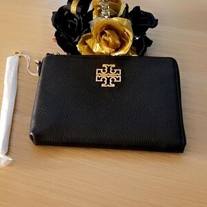 Tory Burch Black Leather Clutch with Gold Emblem